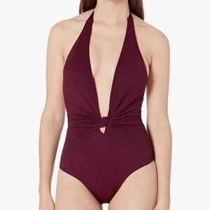 Cyn & Luca Women's LARGE Maroon One Piece Swimsuit with Self Neck Tie - NEW